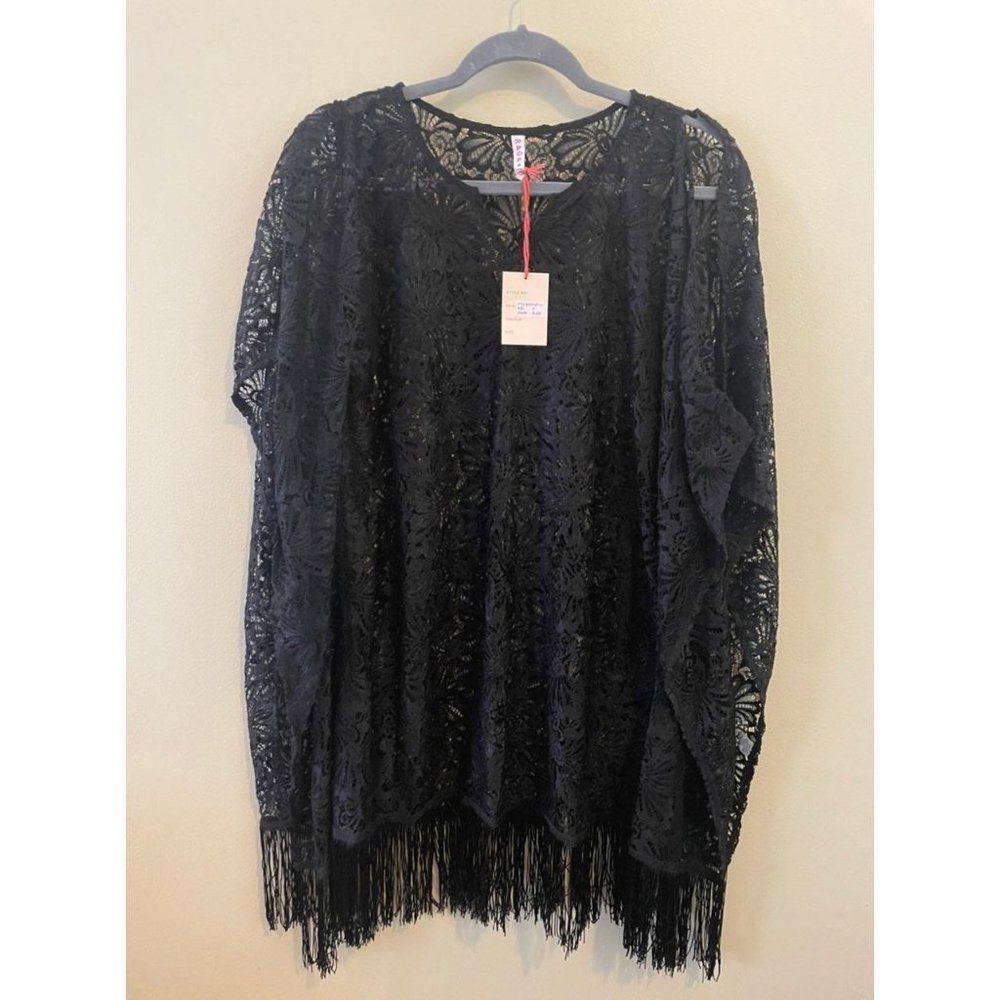 NWT Raga Raga Black Fringe Cold Shoulder Crochet Kimono Top
